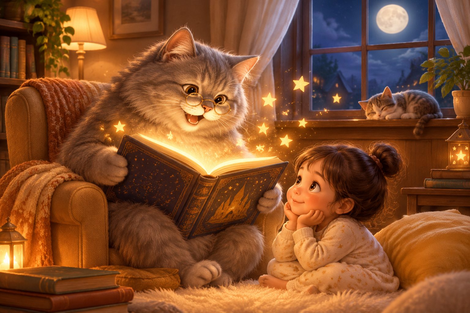 Кот-сказочник Баюн читает сказку ребёнку